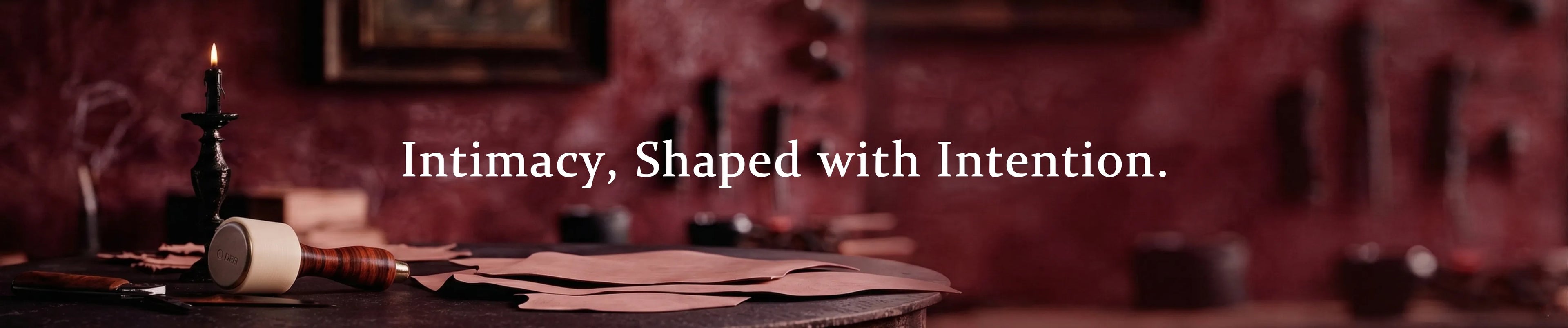 Above Zero Studio desktop banner crop with burgundy studio scene and Intimacy, Shaped with Intention text