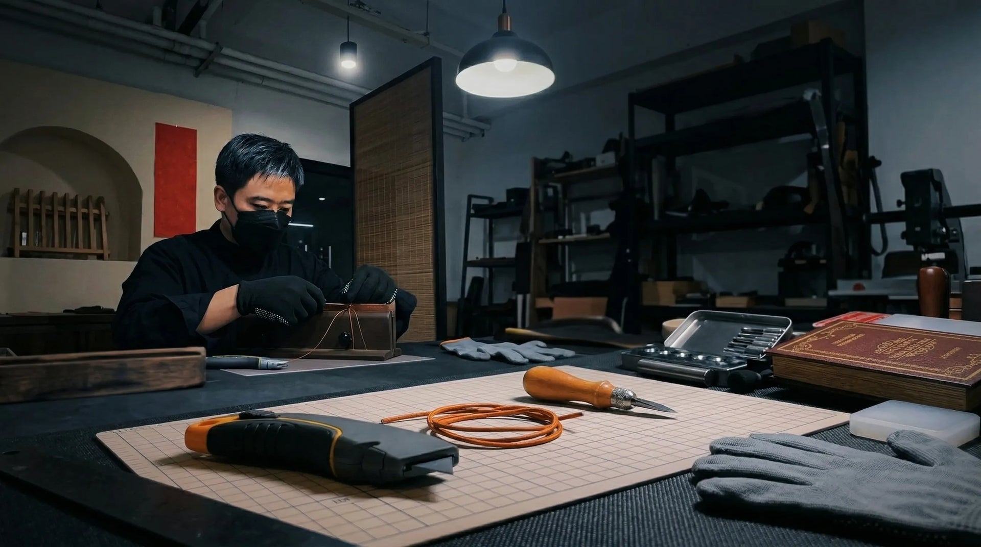 Above Zero Studio workbench scene with leather pieces, scissors, and craft tools