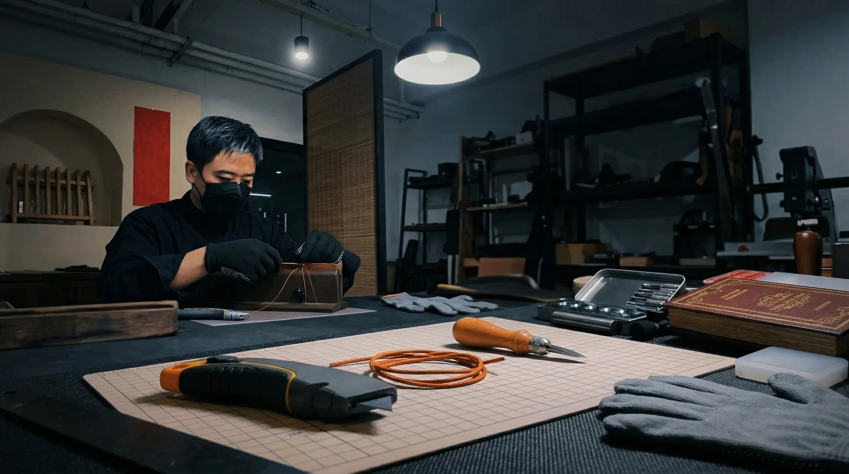 Above Zero Studio workbench scene with leather pieces, scissors, and craft tools