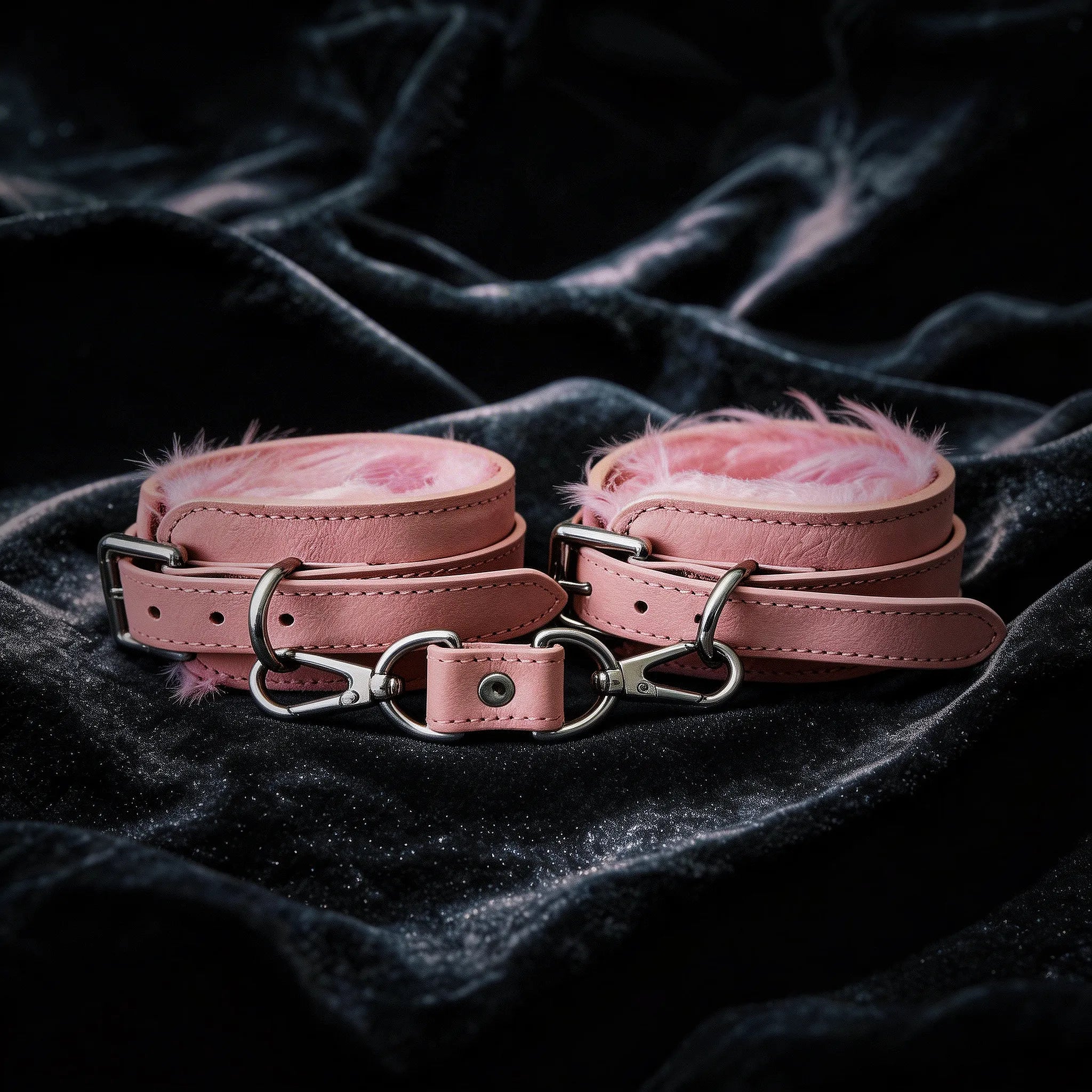 Blush Bond leather wrist cuffs front view with blush leather exterior and central connector tab