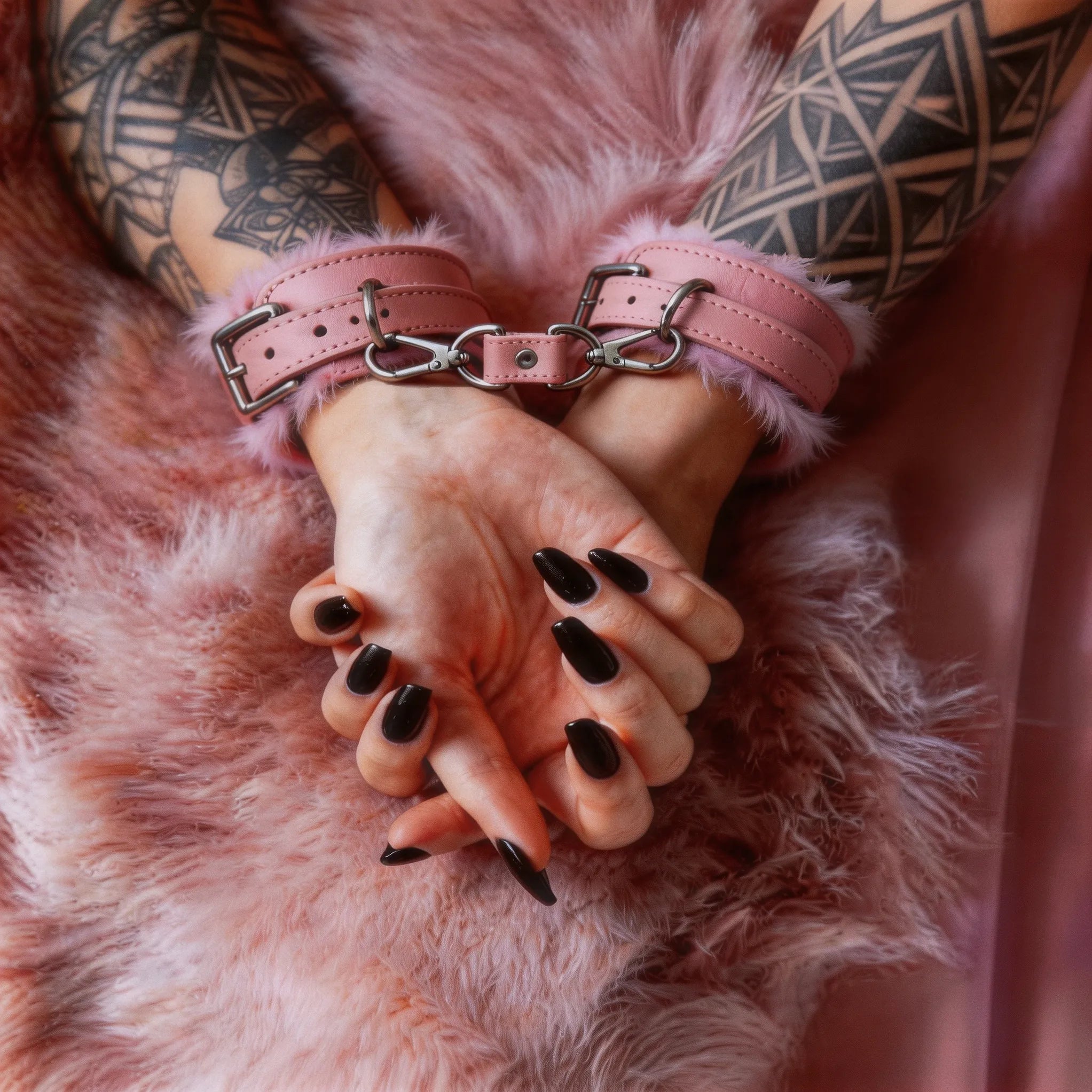 Blush Bond leather wrist cuffs buckle detail view with faux-fur lining and adjustable strap