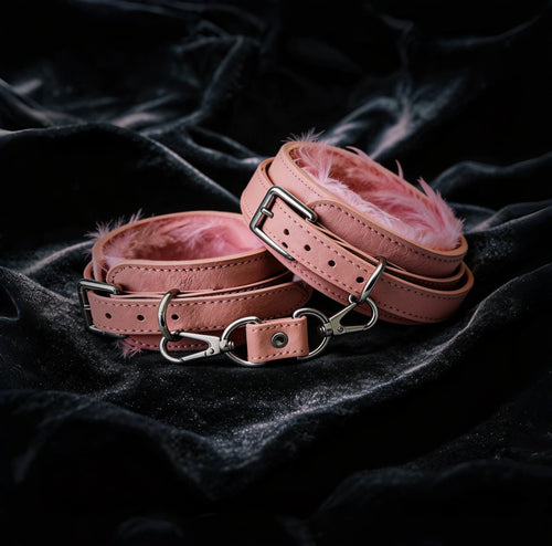 Blush Bond leather wrist cuffs detail view with plush faux-fur lining and soft interior padding