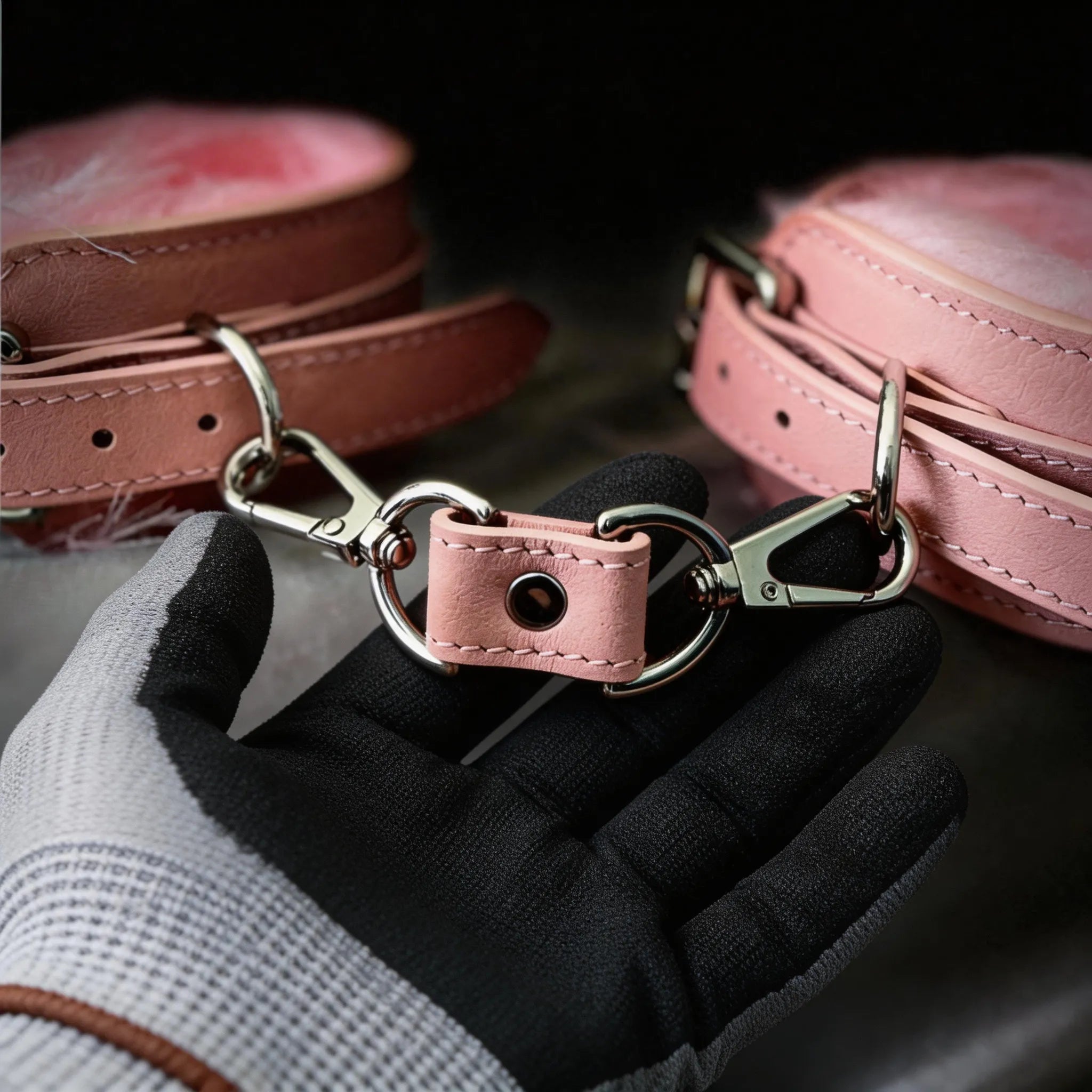 Blush Bond leather wrist cuffs paired view with connector tab and silver-tone clasp hardware