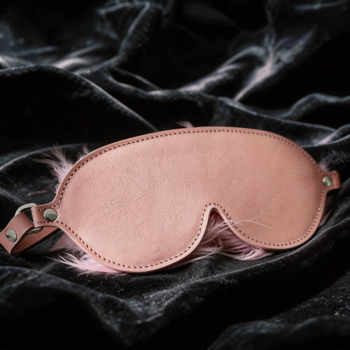 Blush Veil leather blindfold front view in blush top-grain leather with adjustable buckle strap