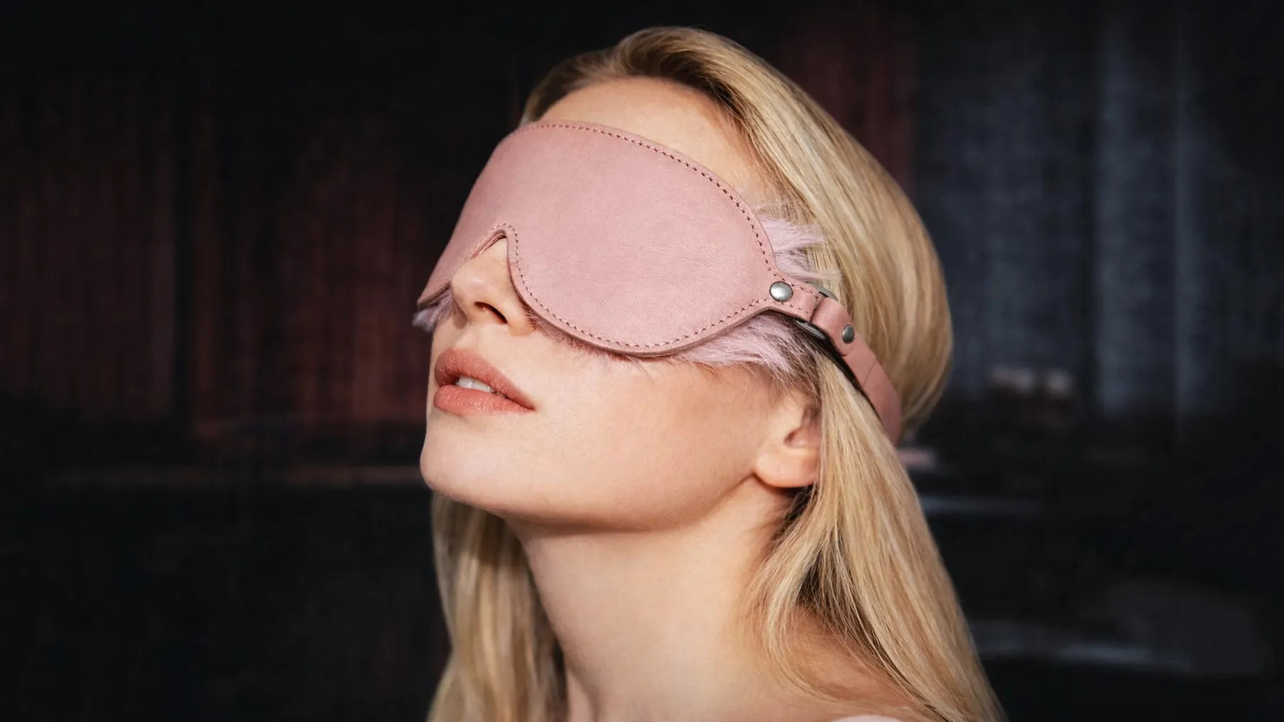 Blush Veil leather blindfold key features collage with model-worn view and plush lining detail