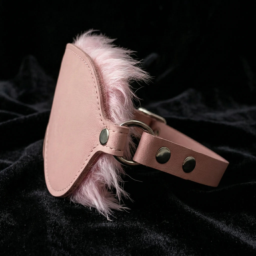 Blush Veil leather blindfold reverse detail view with long-pile faux-fur lining and full-coverage interior