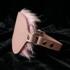 Blush Veil leather blindfold reverse detail view with long-pile faux-fur lining and full-coverage interior