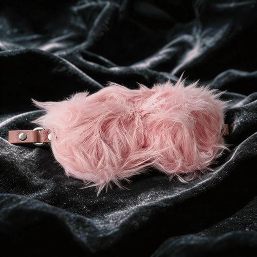Blush Veil leather blindfold detail view showing plush faux-fur lining and soft interior texture