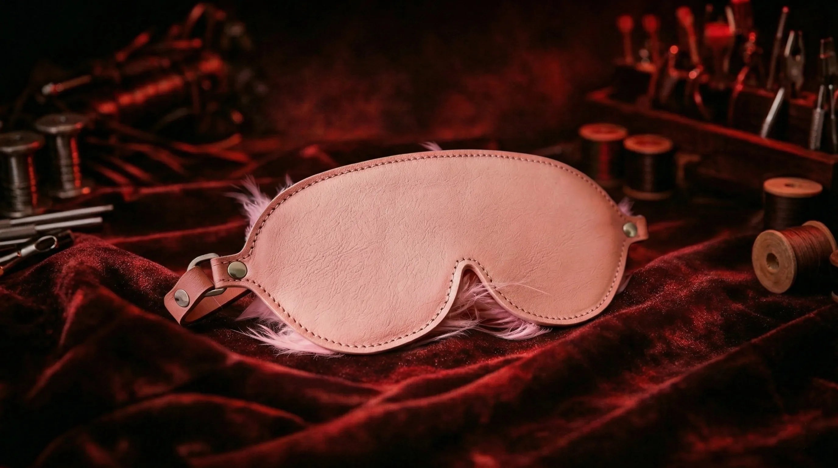 Blush Veil leather blindfold styled display on red velvet fabric with studio tools