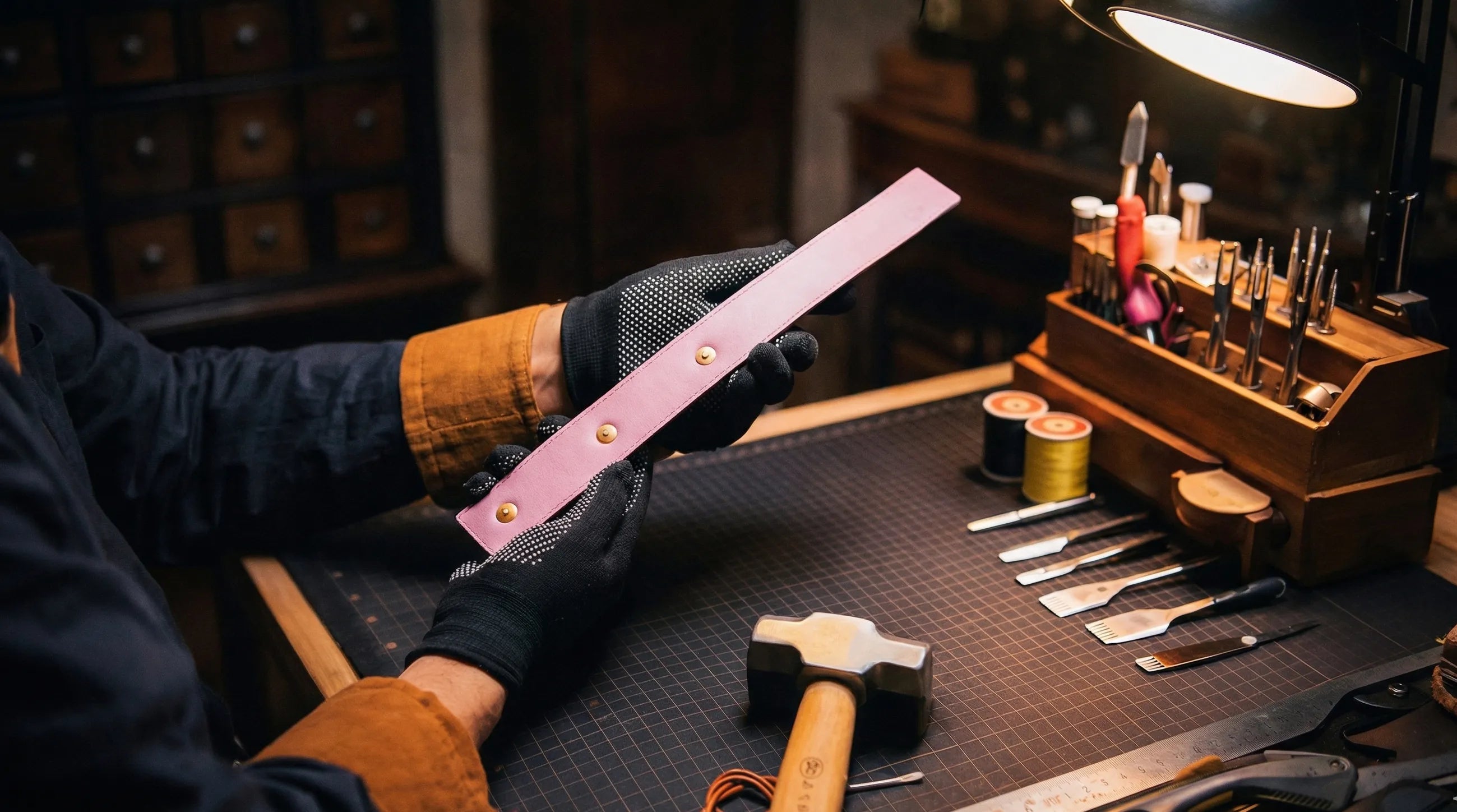 Above Zero Studio design perspective scene with gloved hands reviewing a blush leather strap on a workbench