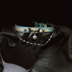 Lime Vice heart chain collar angle view with mint leather, yellow accents, and adjustable buckle