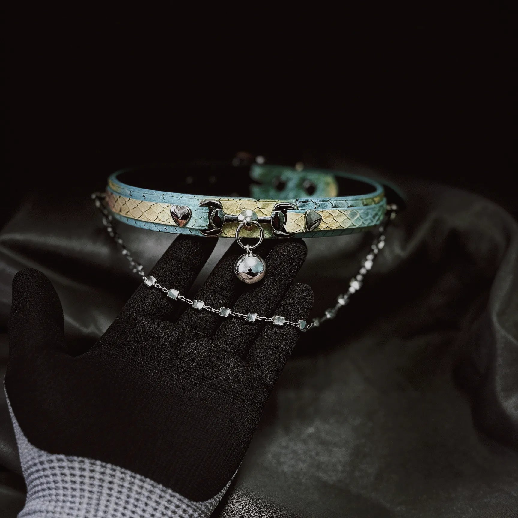 Lime Vice heart chain collar angle view with mint leather, yellow accents, and adjustable buckle