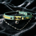 Lime Vice heart chain leather collar front view with dual-tone embossed leather and bell detail