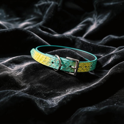 Lime Vice leather collar detail view with embossed texture, chain drape, and silver-tone hardware