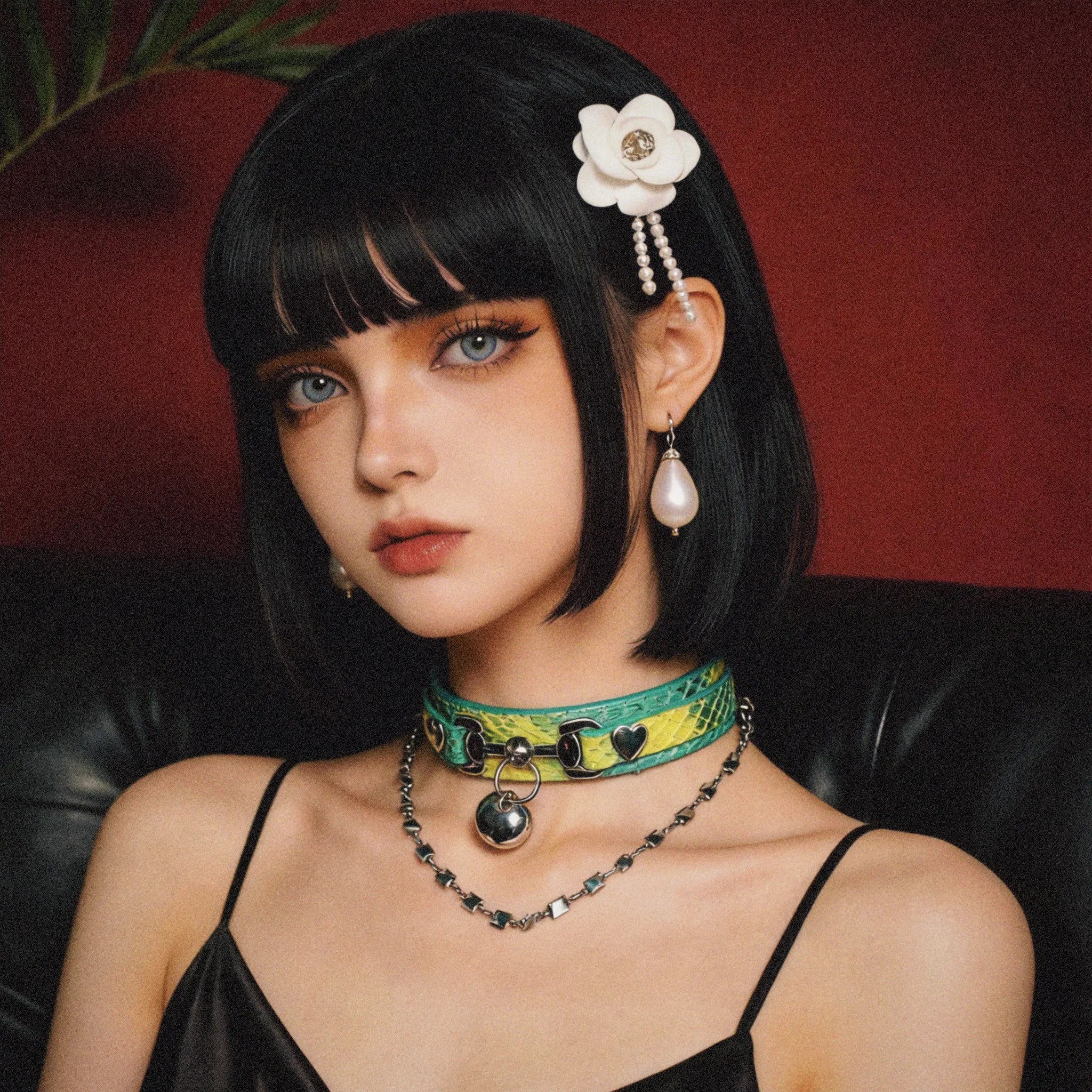 Lime Vice heart chain leather collar studio display featuring embossed finish and chain detail