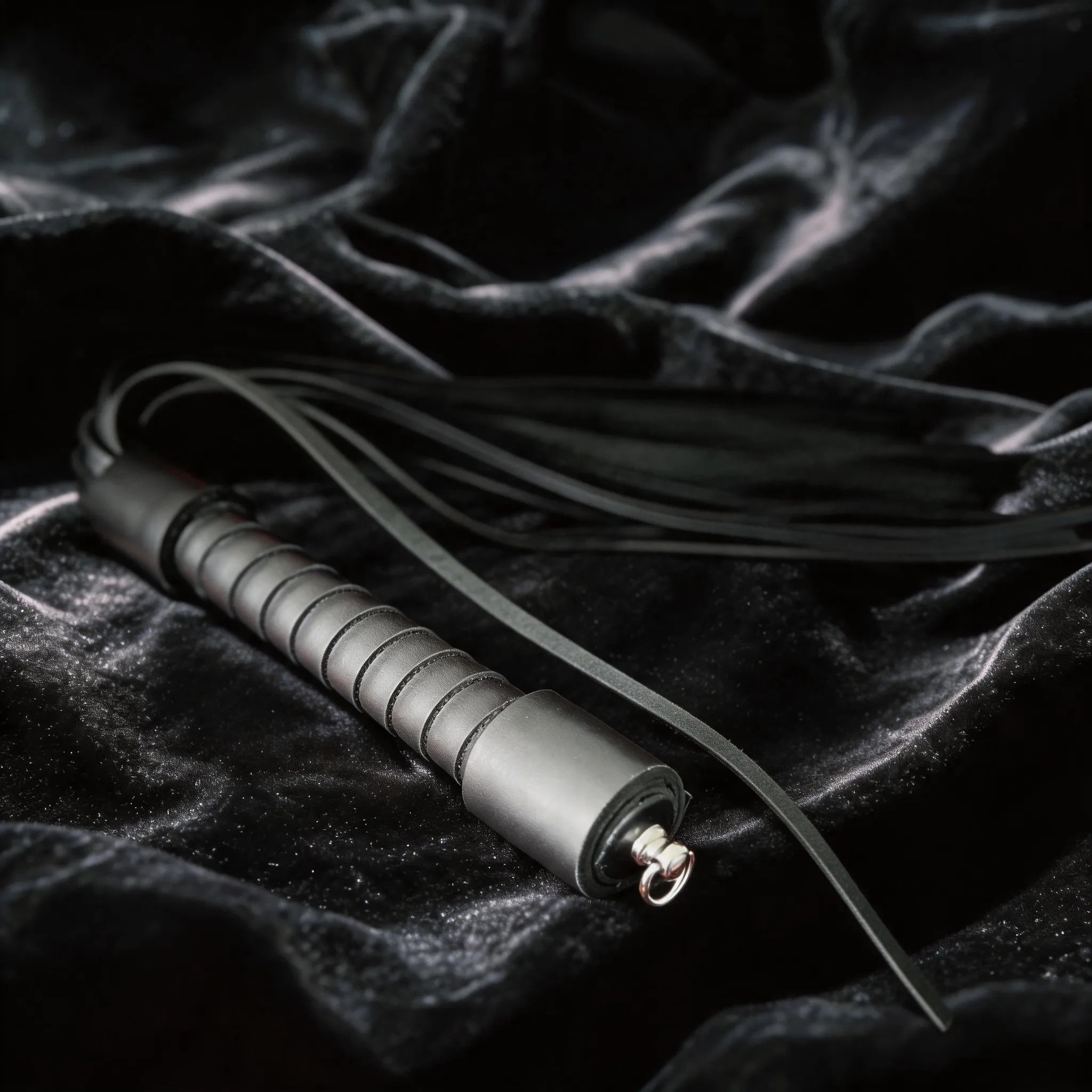 Midnight Discipline Leather Flogger angled on black satin, showing matte black leather and slim tails.