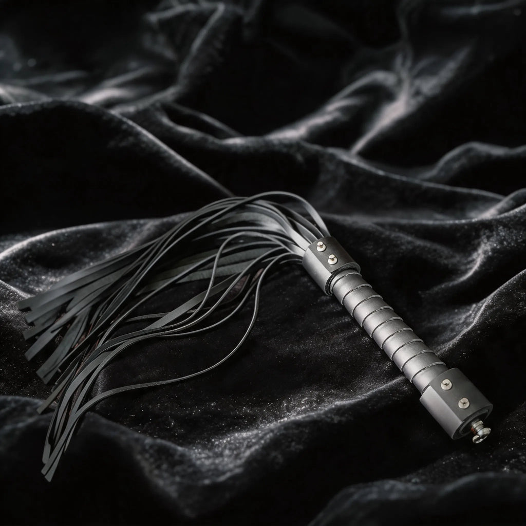 Midnight Discipline Leather Flogger matte black leather flogger on black satin with slim tails.