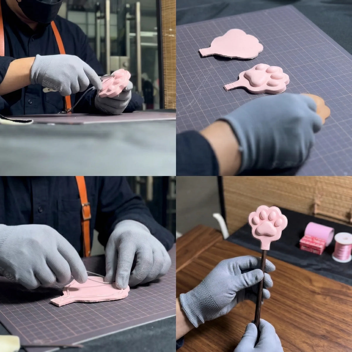 Paw Whisper cat paw paddle handcraft process collage showing gloved hands shaping the blush leather paw head on a workshop cutting mat before assembly