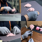 Paw Whisper cat paw paddle handcraft process collage showing gloved hands shaping the blush leather paw head on a workshop cutting mat before assembly