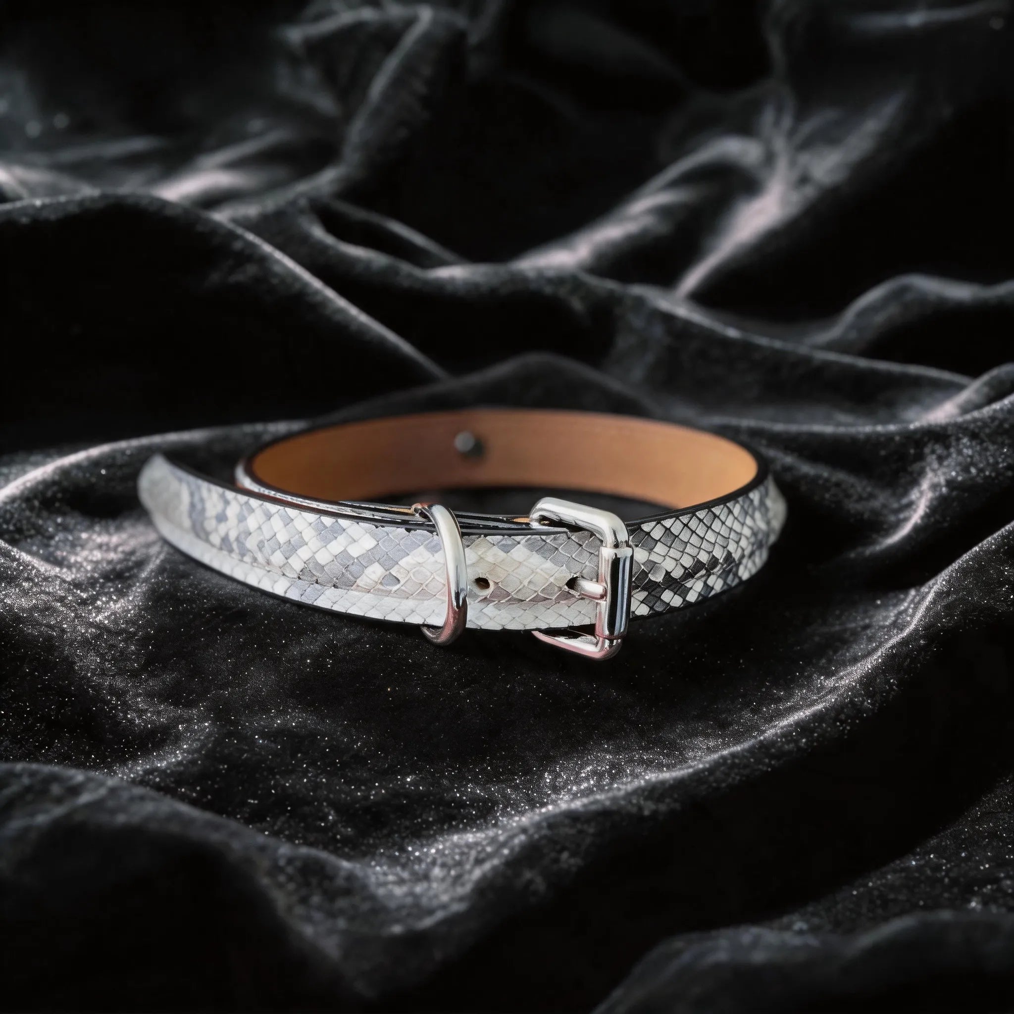 Python Echo Bell Leather Collar hand-held studio detail showing bell charm and silver hardware.
