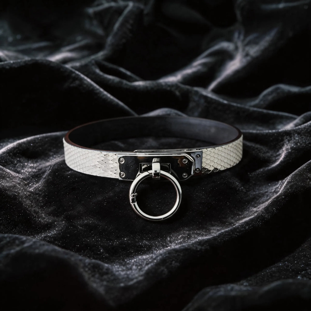 Python Lock O-Ring Leather Collar white and black python-textured leather collar on black satin with O-ring front.