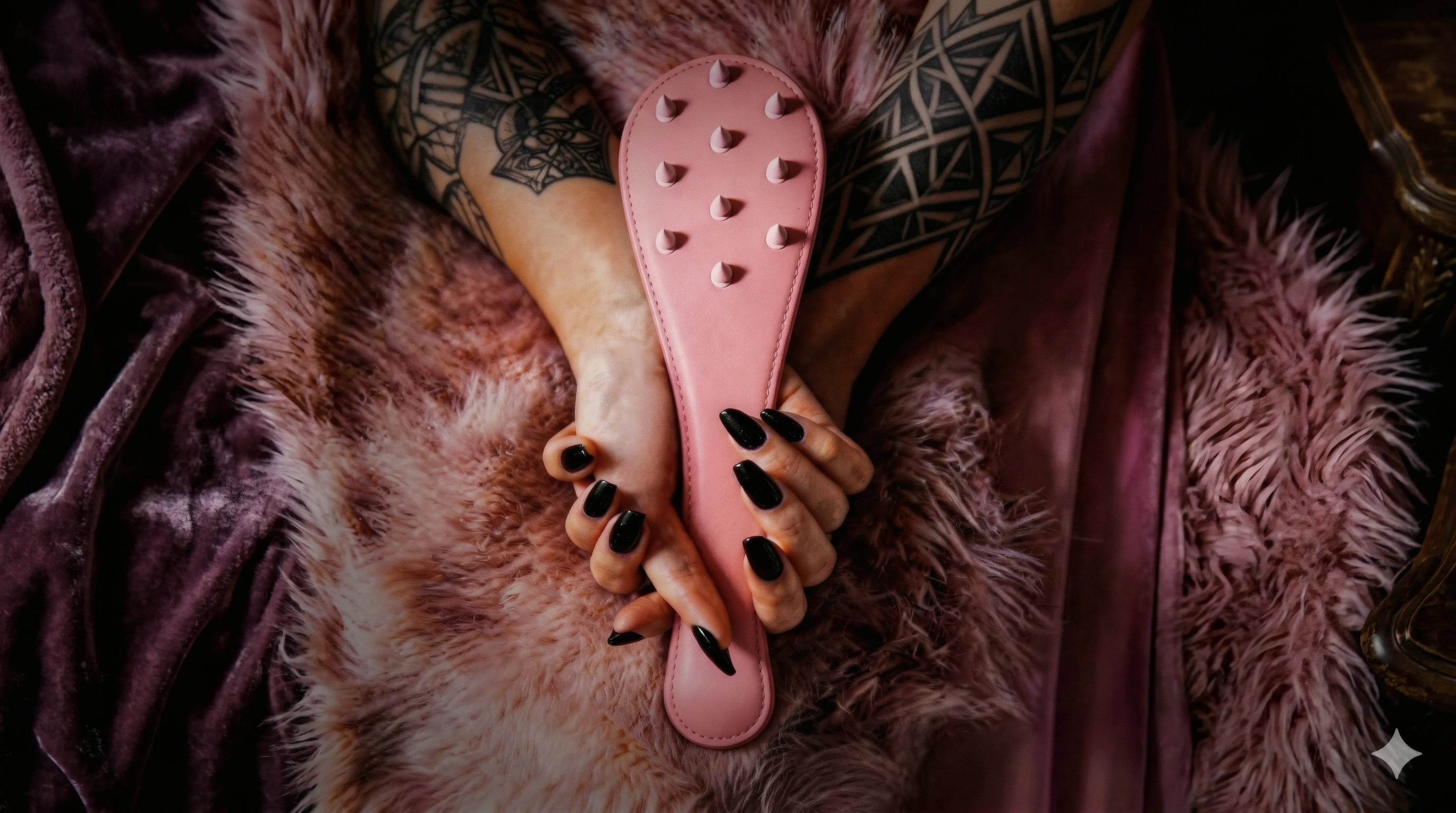 Rose Thorn studded leather paddle key features collage with model styling and raised stud detail