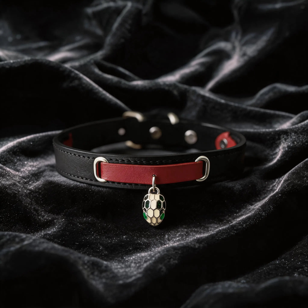 Serpent Mark Pendant Leather Collar black and crimson leather collar on black satin with serpent pendant.