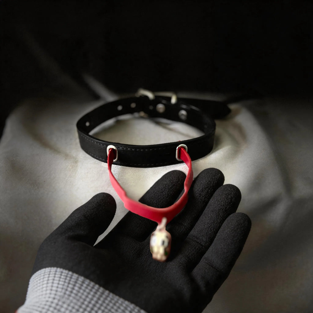 Serpent Mark Pendant Leather Collar hand-held red satin scene with black and crimson leather and silver hardware.