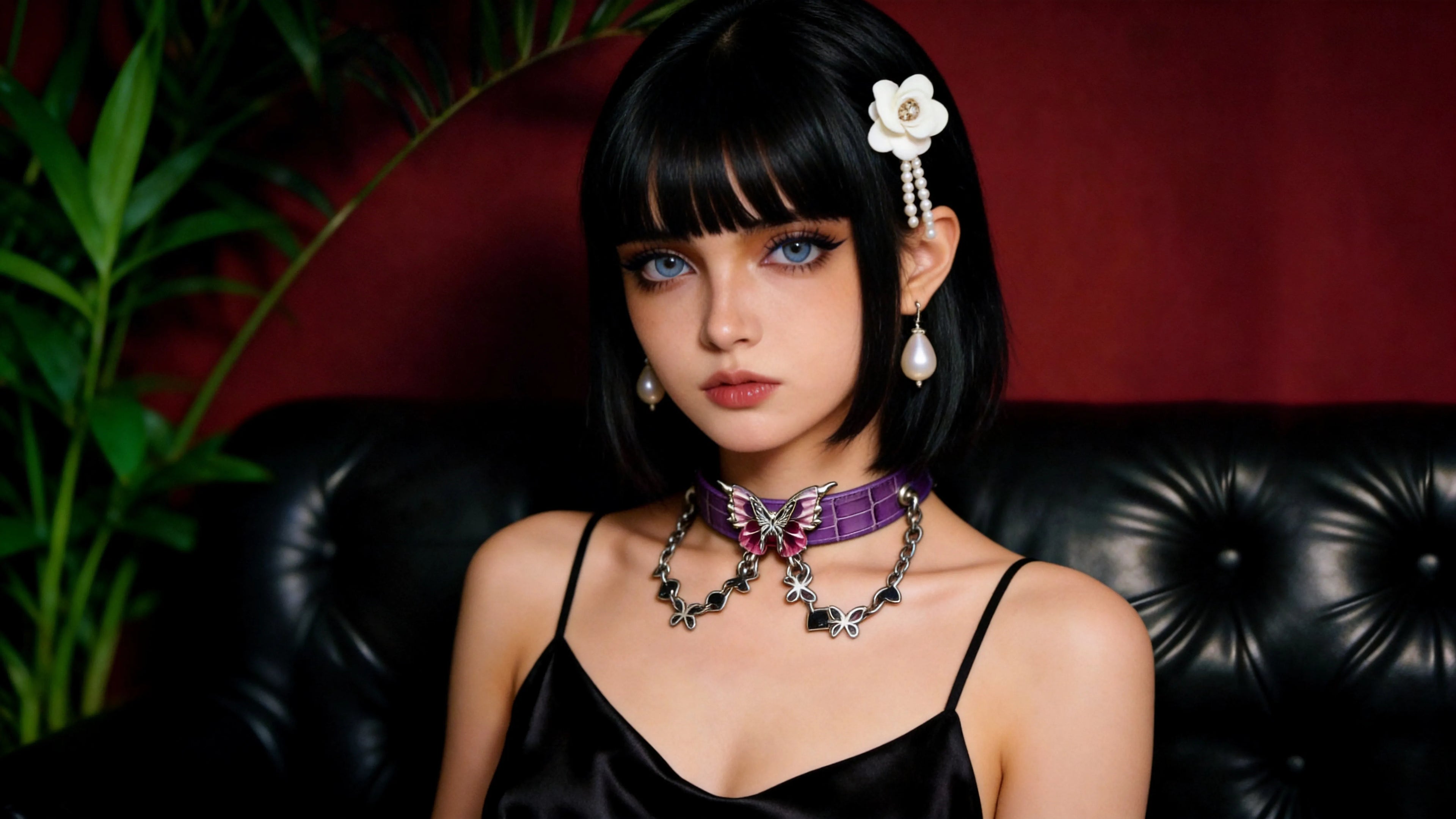 Violet Flutter butterfly chain leather collar feature image with model wearing the purple collar