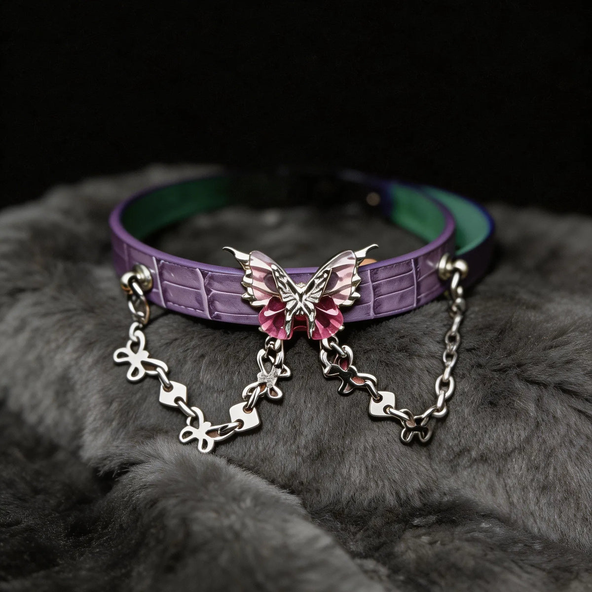 Violet Flutter butterfly chain leather collar front view with embossed lavender leather and centerpiece detail