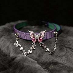 Violet Flutter Butterfly Chain Leather Collar