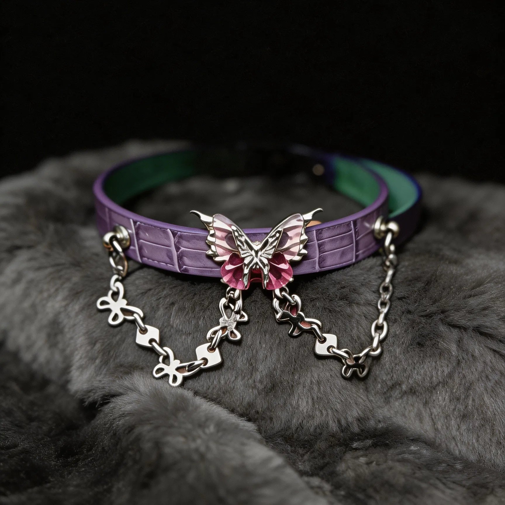 Violet Flutter butterfly chain leather collar front view with embossed lavender leather and centerpiece detail